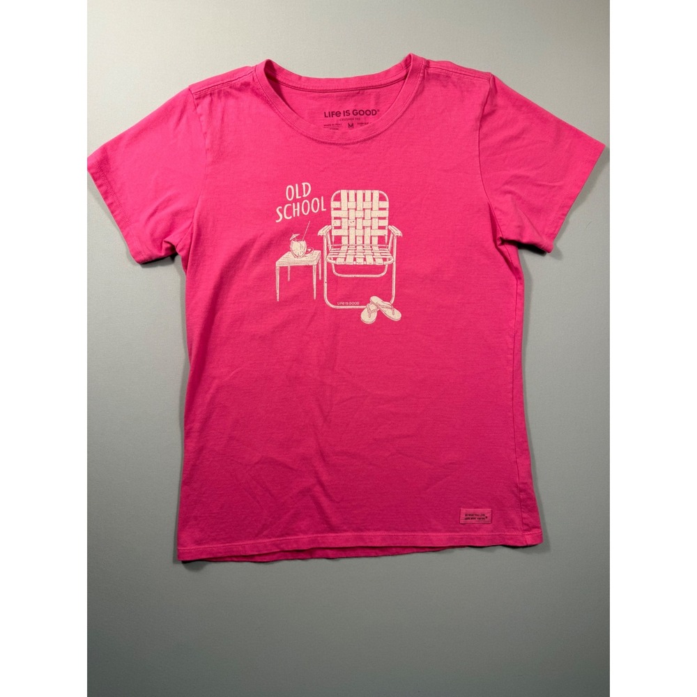 Life is Good Pink Old School Lawn Chair Crusher Tee Womens Medium Short Sleeve
